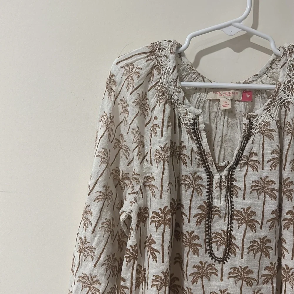 • Pink Chicken • Girls Ava Palm Tree Print Dress Long Sleeves White Brown 12 - Picture 3 of 5